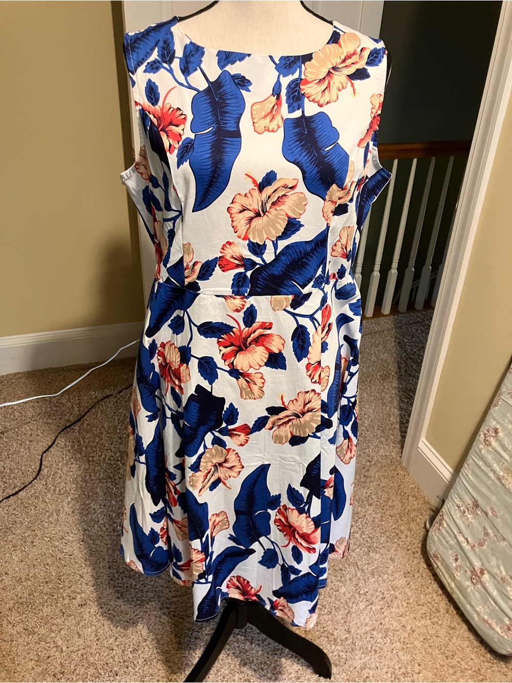 Women's Blue and Coral Floral Sleeveless Dress